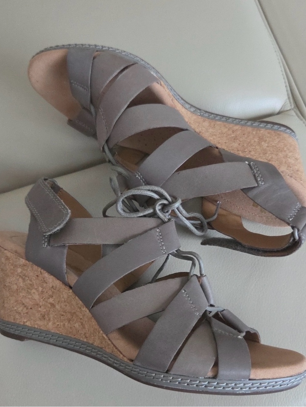 Clarks Taupe Laced Cork Wedge Sandals Size 7 1/2